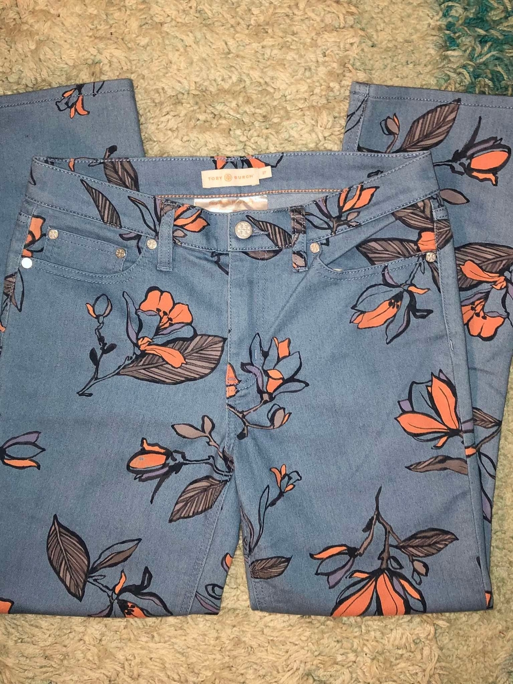 Tory Burch Floral Ankle Jeans Blue Orange Denim Button Zip